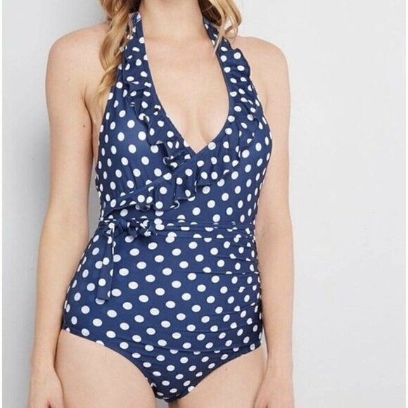 ModCloth NAVY POLKA DOT Reese Halter One-Piece Retro Swimsuit Size Large Pin Up - Picture 1 of 9